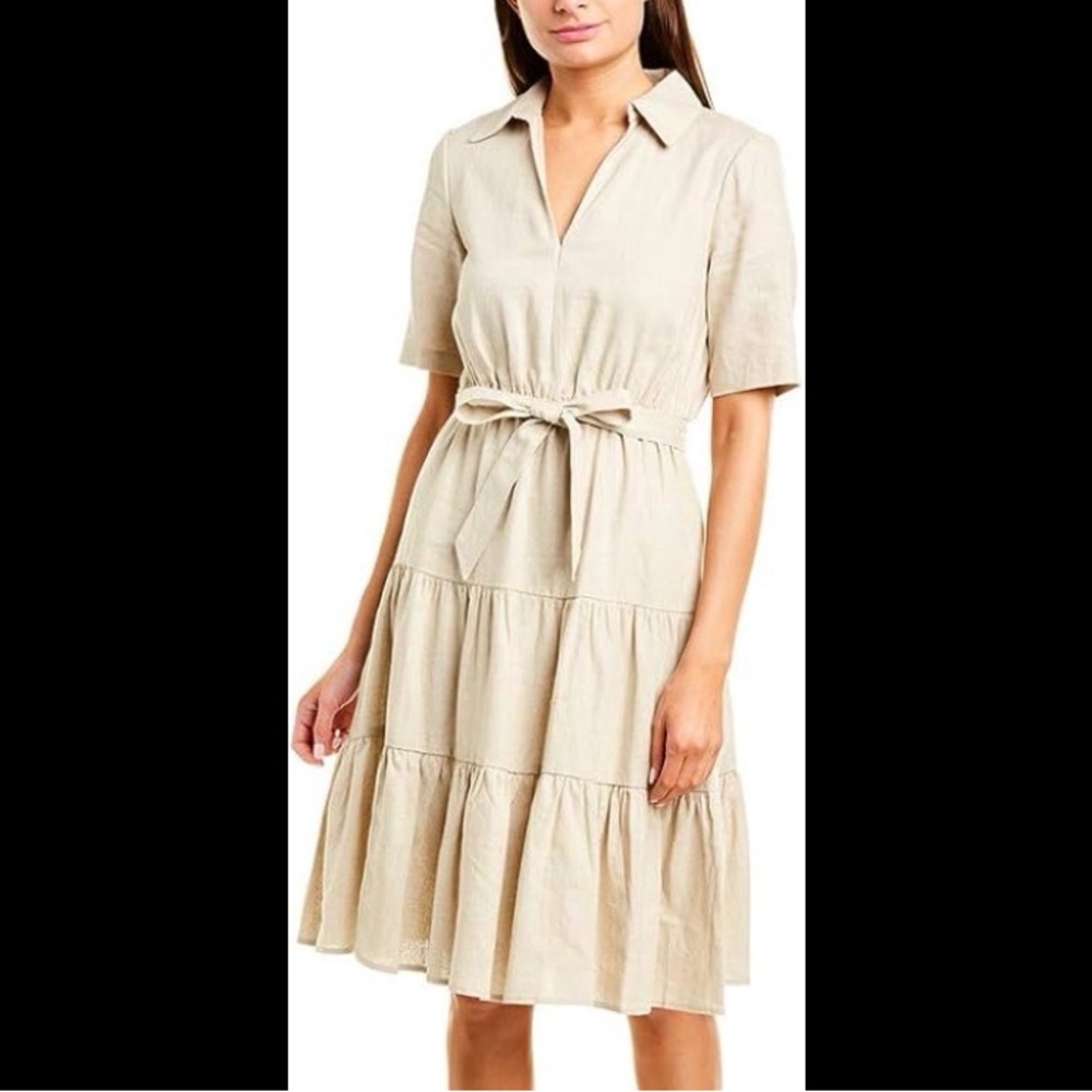 Donna Morgan NWT Beige Tiered Linen Blend Short Sleeves Pockets Midi Dress 3648